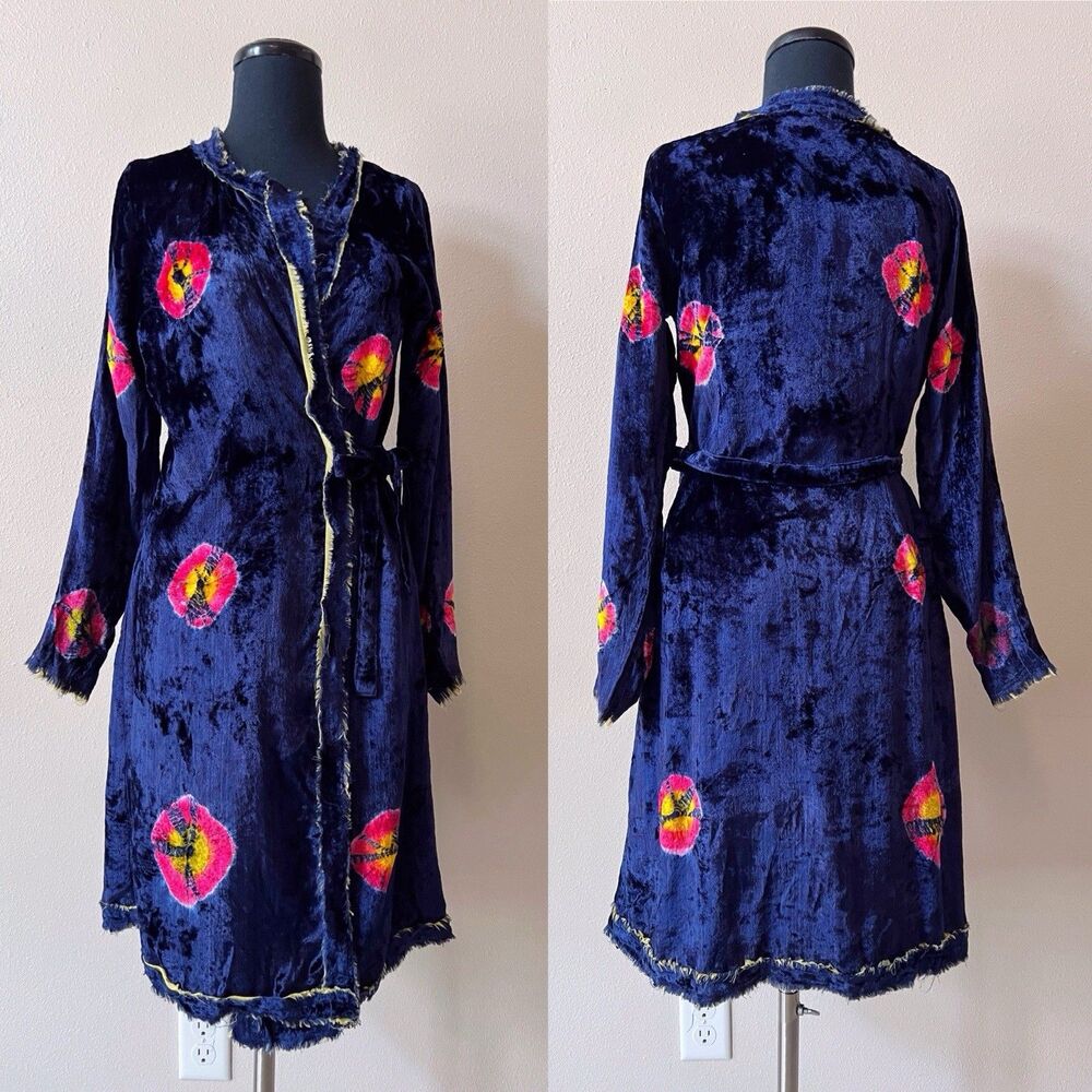 Aoyama Itchome Blue Velvet Duster Jacket Tie Dye Medium Y2K Artsy Whimsigoth